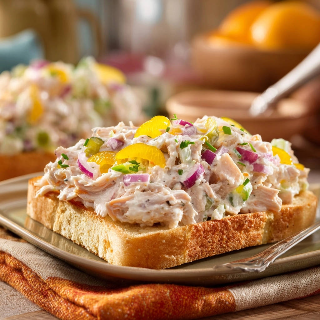 Classic chicken salad served open-faced on toasted bread, garnished with orange slices and red onion.