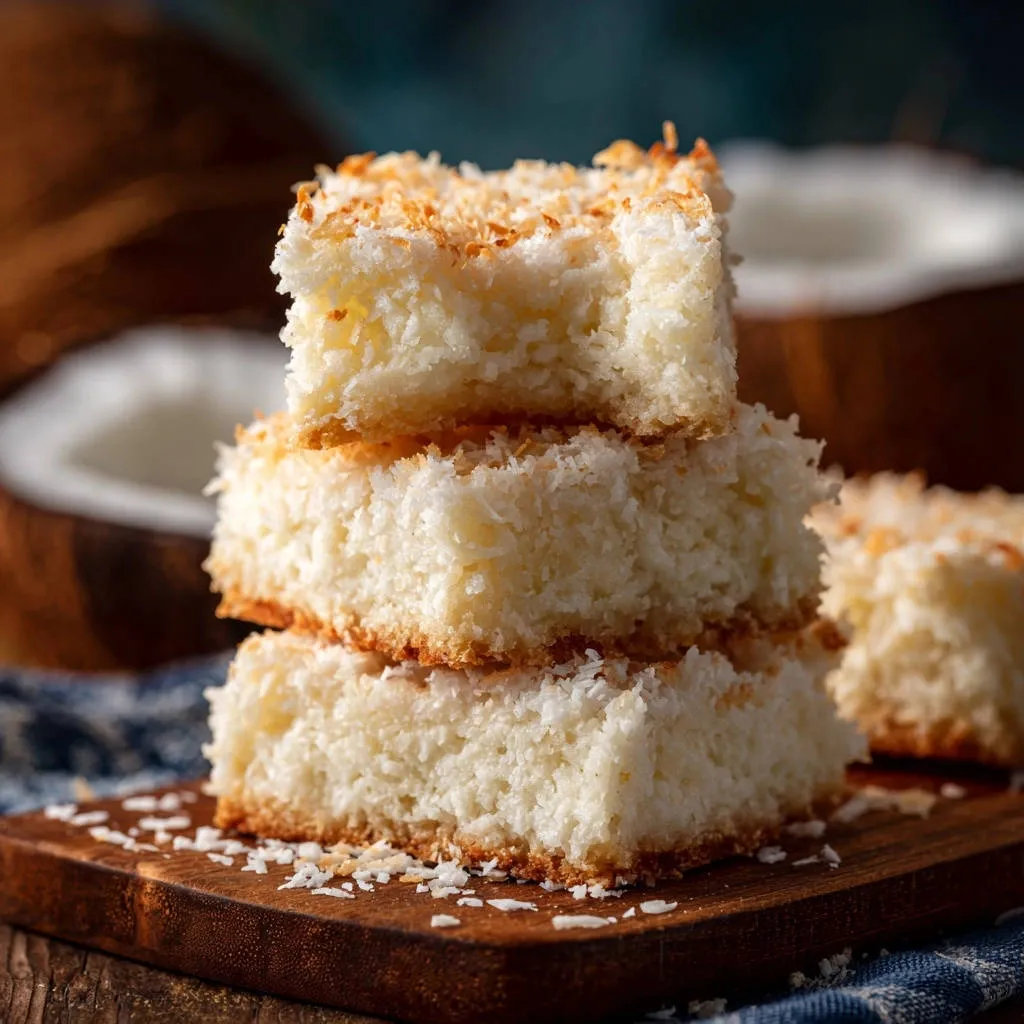Classic coconut bars stacked in a close-up view, showing their moist texture and toasted coconut topping.