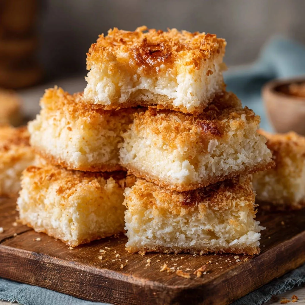 Classic coconut bars stacked on a wooden board, showing a close-up view of their moist interior and toasted coconut topping.