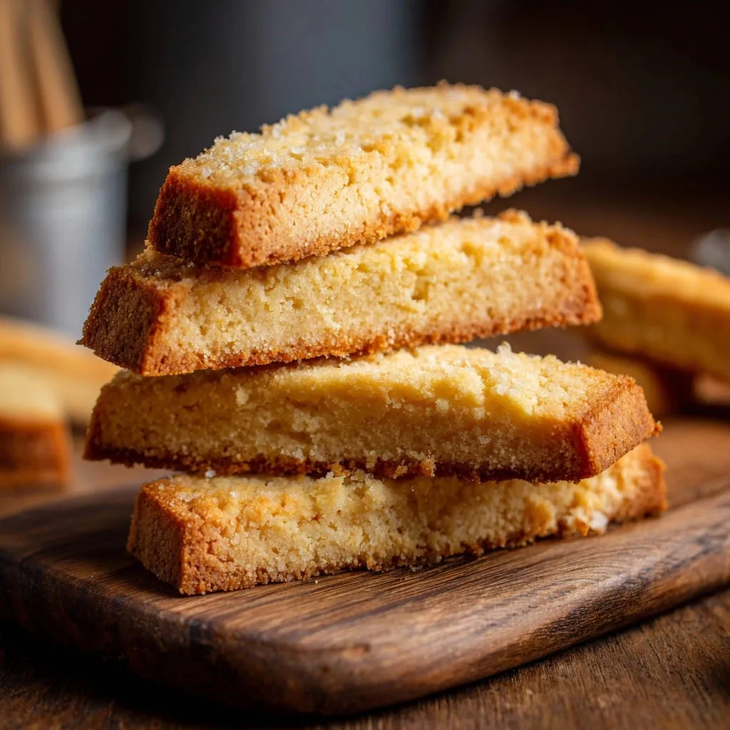 Classic shortbread fingers stacked on a wooden board, showing the tender, crumbly texture of the baked cookies.