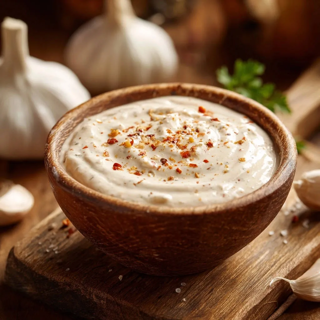 Creamy garlic dip garnished with chili flakes in a wooden bowl, with whole garlic bulbs in the background.