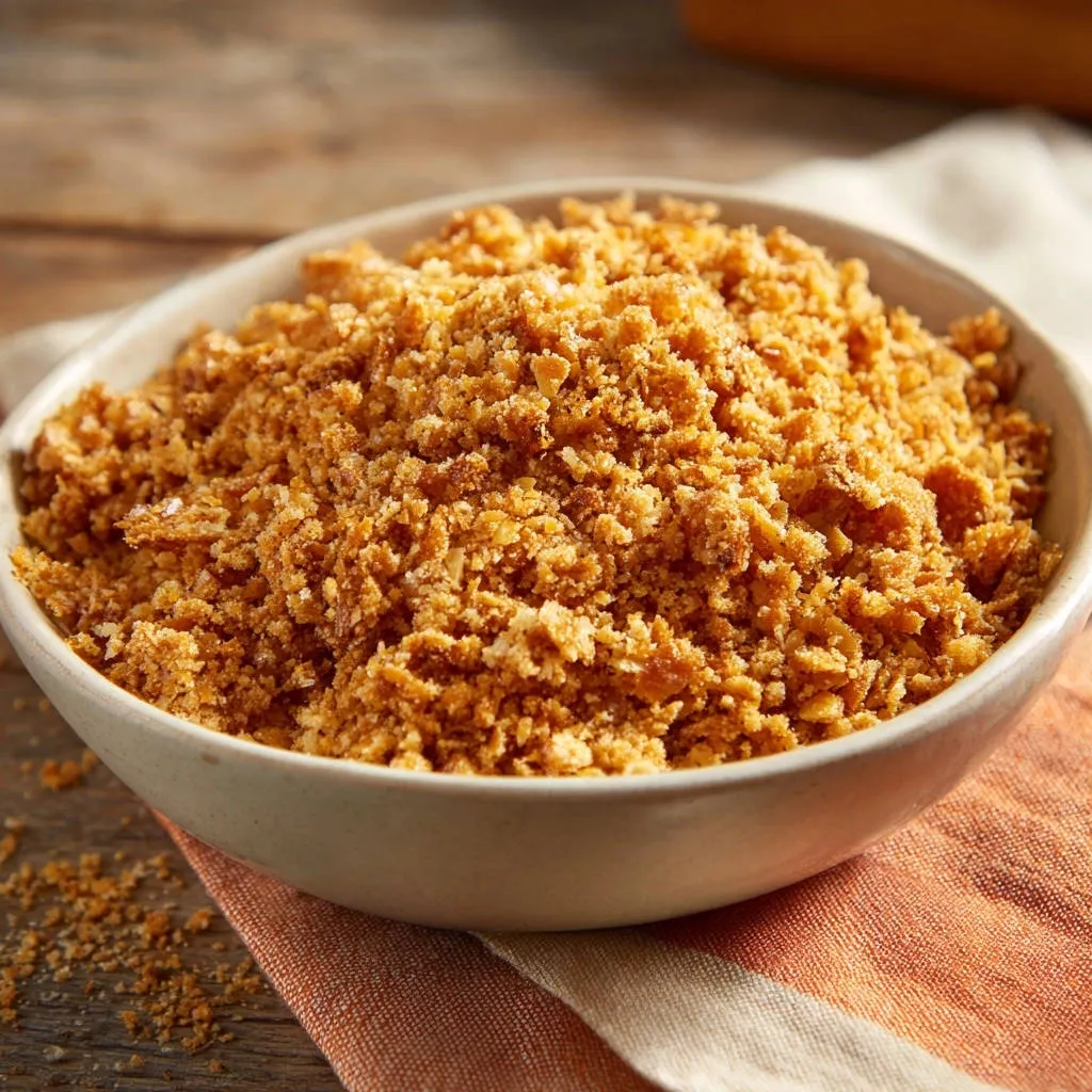 Crispy golden crumbs shown in a close-up bowl revealing their fine, granular texture.