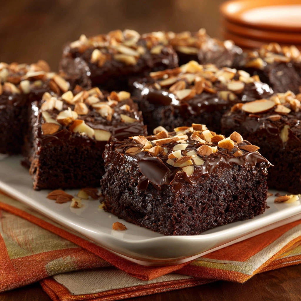 Decadent chocolate brownies topped with rich glaze and chopped almonds, presented on a white platter.