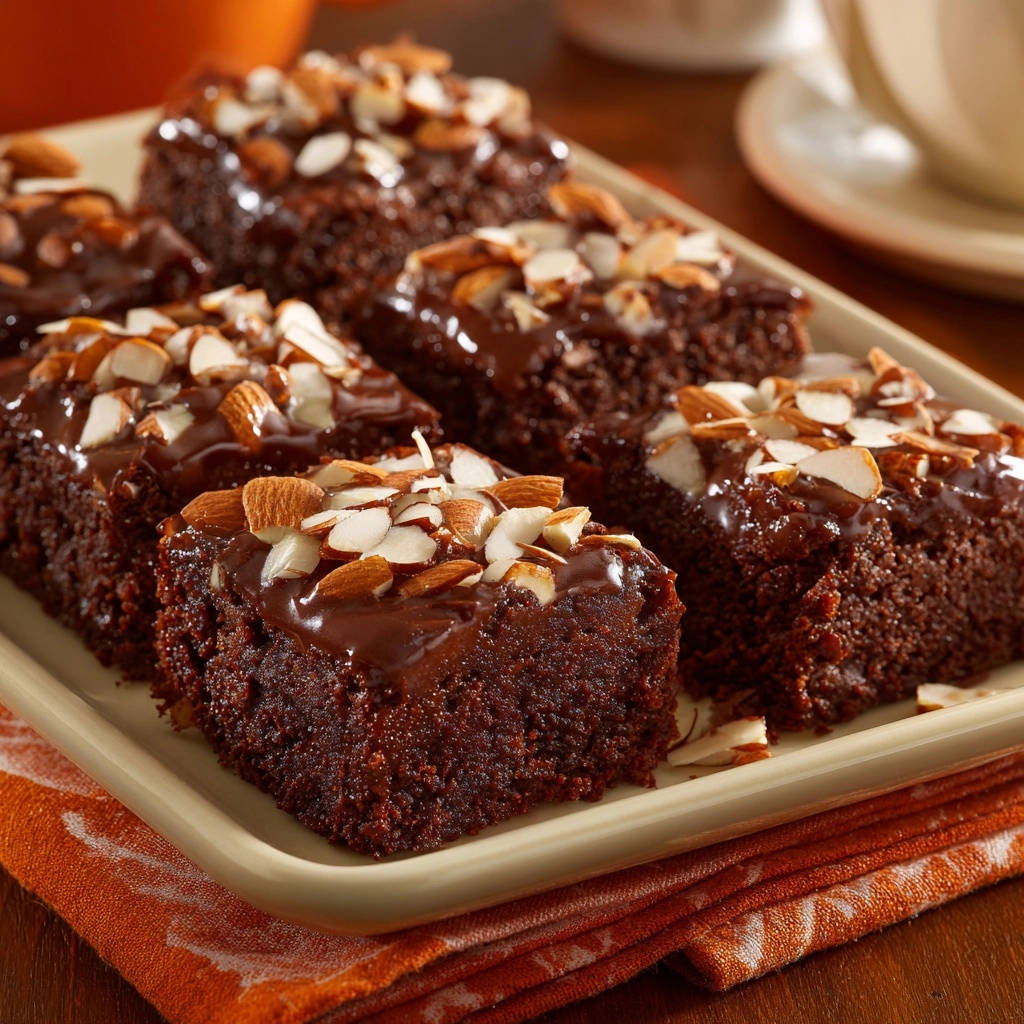 Decadent chocolate brownies topped with a rich chocolate glaze and sliced almonds, presented on a platter.