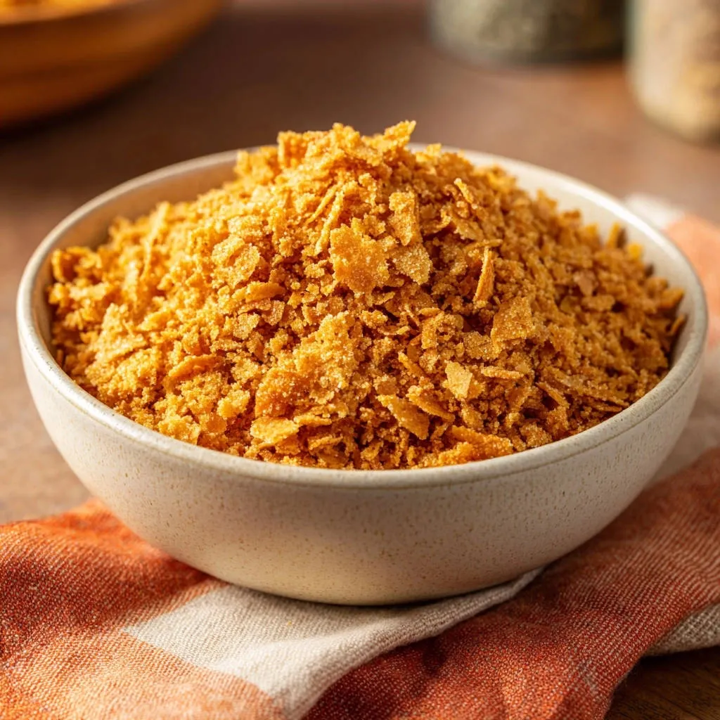 Golden crumbs in a bowl, a close-up view showcasing the textured, flaky pieces.