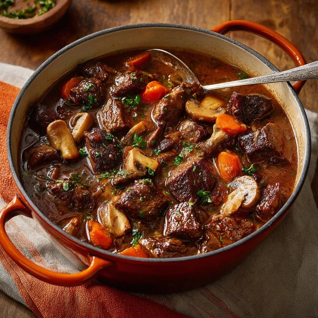 Hearty beef stew in a red Dutch oven with tender beef chunks, mushrooms, and carrots, garnished with parsley.