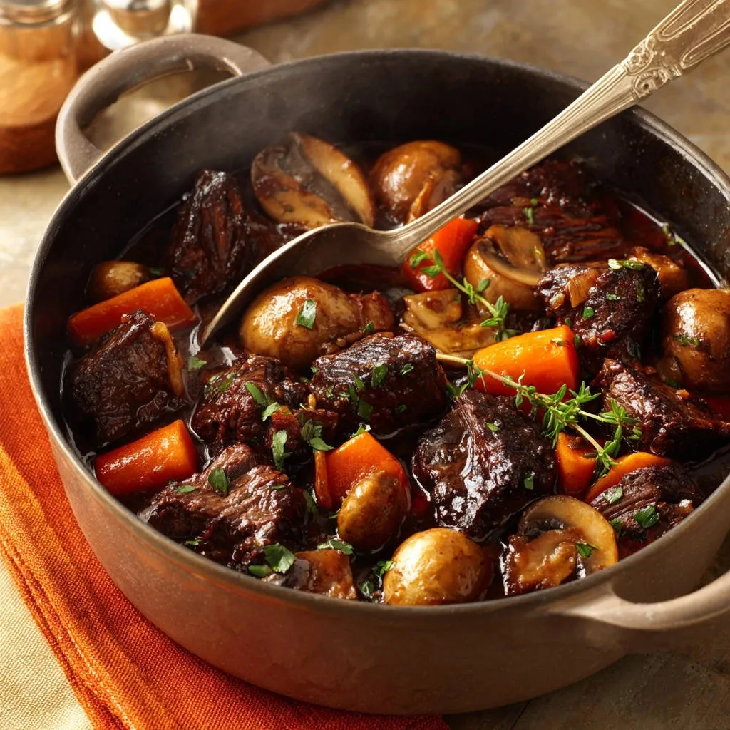 Hearty beef stew with carrots and mushrooms being served from a pot with a decorative spoon.