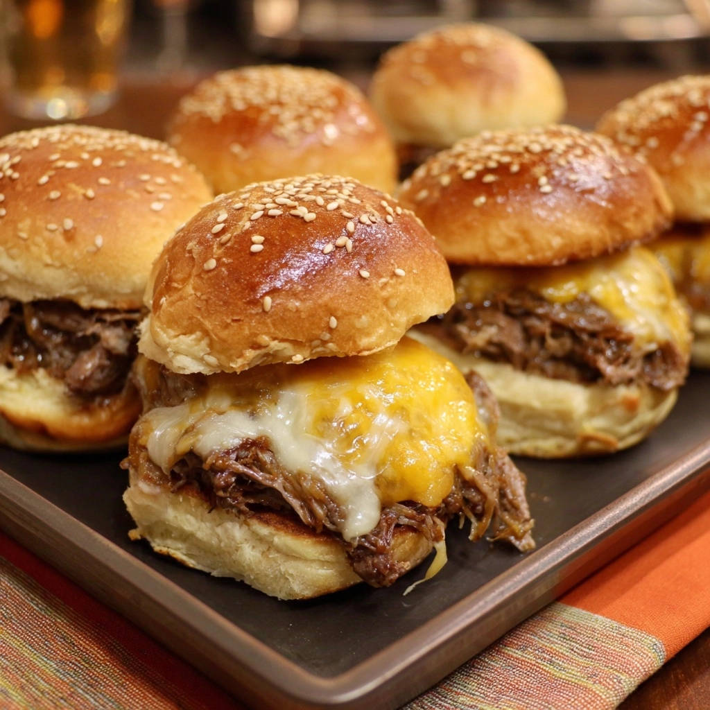 Melted cheese pulled beef sliders stacked high, showcasing a close-up view of gooey cheese and tender beef.