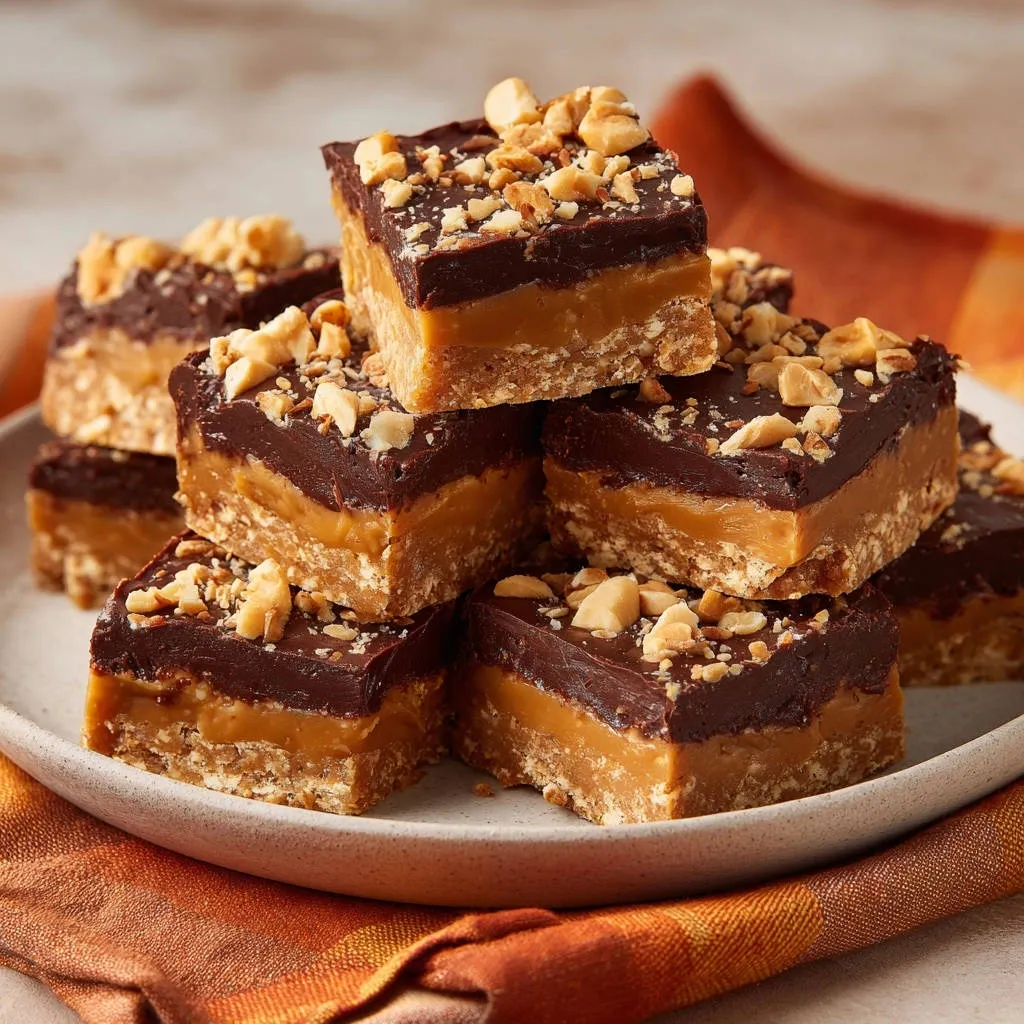 No-bake peanut caramel bars stacked on a white plate, showing the distinct layers of crust, caramel, and chocolate topping with chopped peanuts.