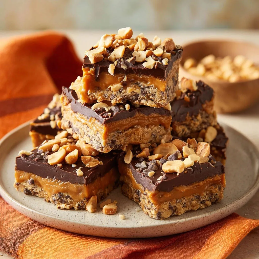 No-bake peanut caramel bars stacked closely on a plate, showcasing their rich layers and peanut topping.
