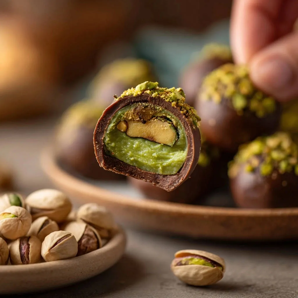 Perfect Pistachio Chocolate Energy Bites shown in a close-up cross-section revealing the creamy pistachio filling and whole nut center.