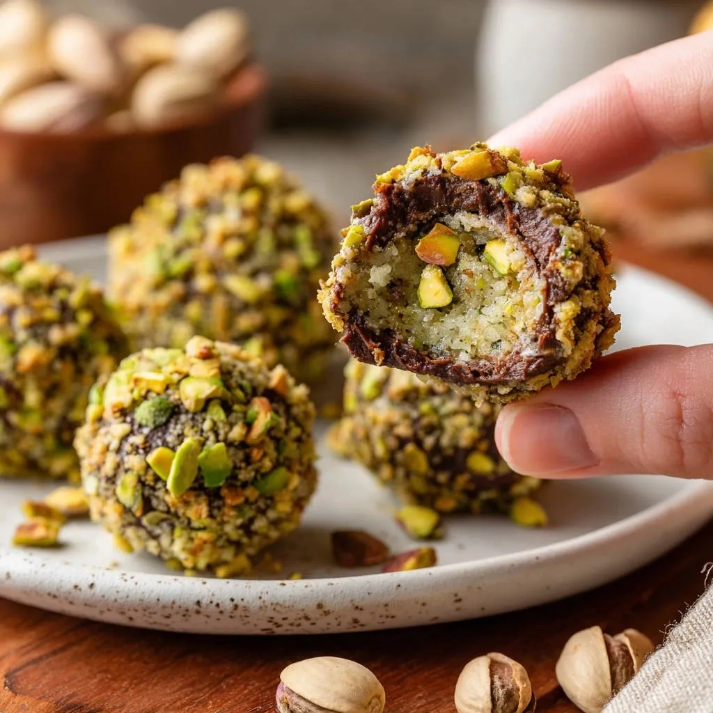 Perfect Pistachio Chocolate Energy Bites shown in a close-up cross-section, revealing the chocolate coating and pistachio filling.