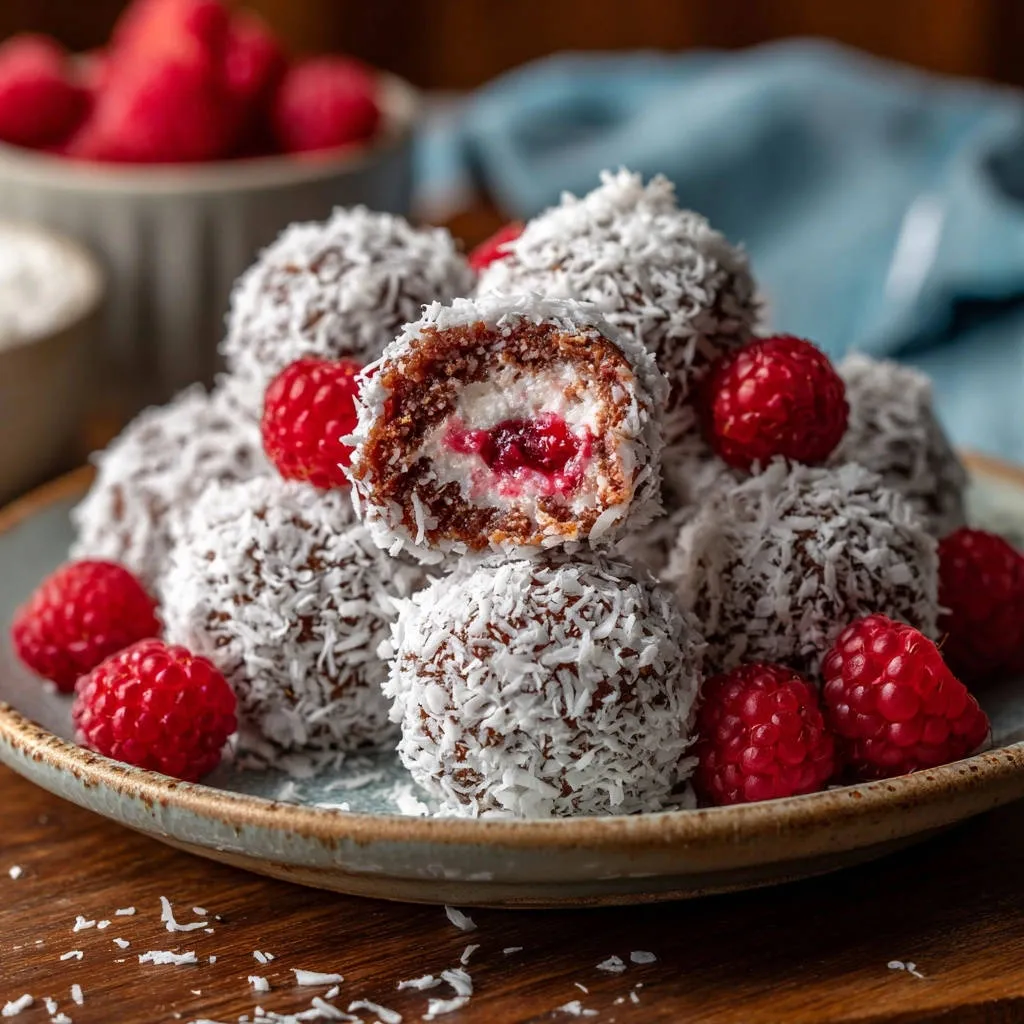 Raspberry chocolate coconut truffles cross-section showing creamy white filling and raspberry center.