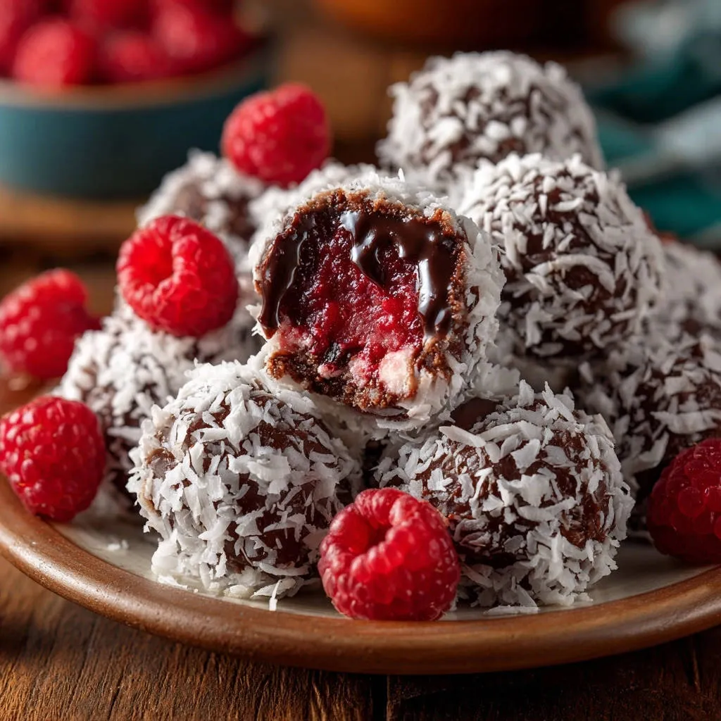 Raspberry chocolate coconut truffles, with a cross-section revealing the raspberry filling and chocolate center.