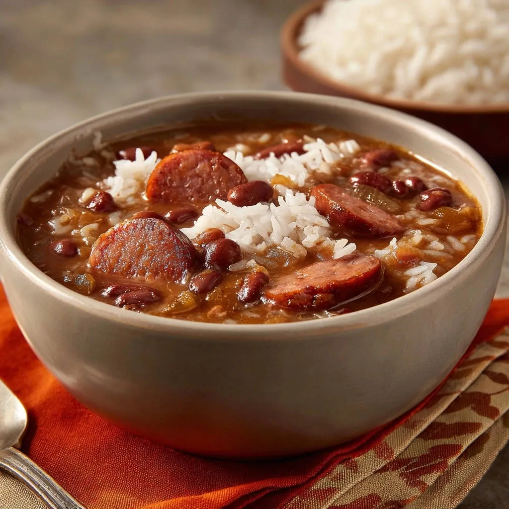 Red beans and rice with sausage in a bowl, a close-up view showing the hearty texture and ingredients.