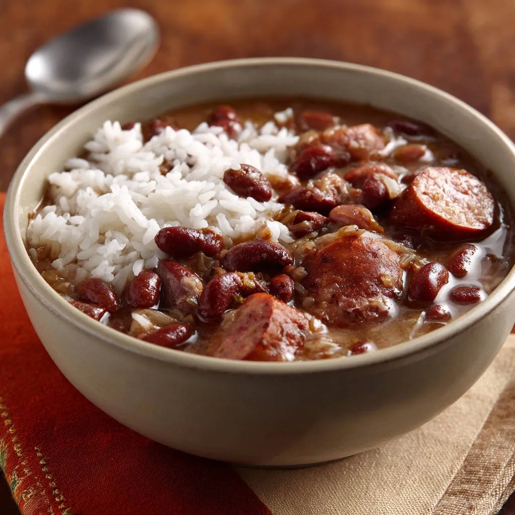 Red Beans and Rice with Sausage served in a bowl with a close-up view of the ingredients and fluffy white rice.