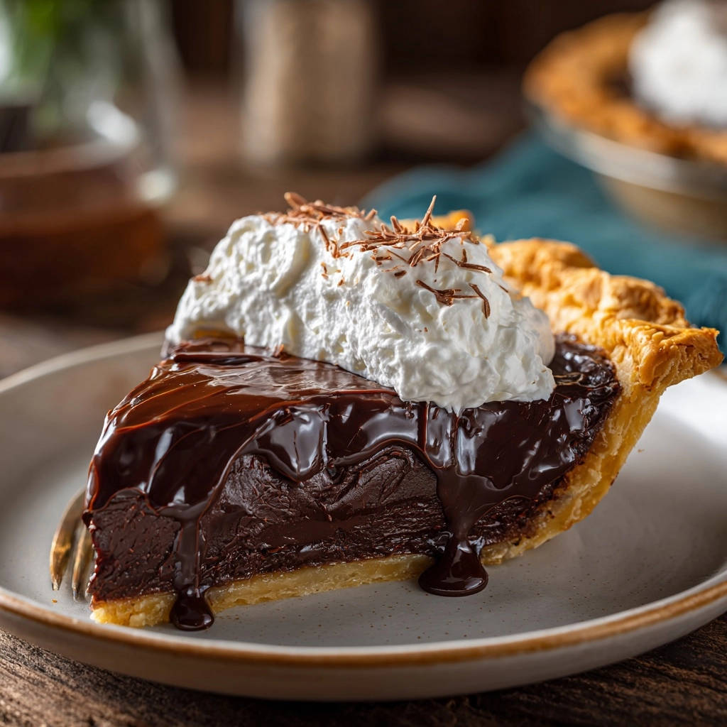 Rich Chocolate Pie, a plated slice topped with whipped cream and chocolate shavings, showing the decadent filling.