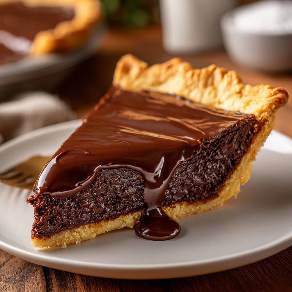 Rich chocolate pie showing a slice with a thick chocolate glaze dripping down the side.