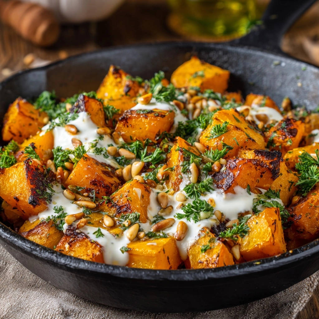 Roasted butternut squash in a skillet, drizzled with creamy sauce and garnished with fresh parsley and pine nuts.