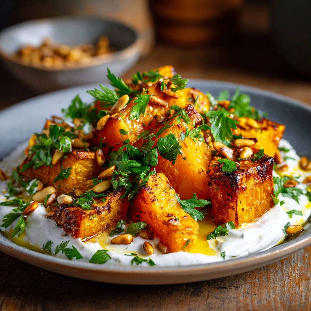 Roasted butternut squash with a creamy yogurt base, topped with fresh parsley and pine nuts.