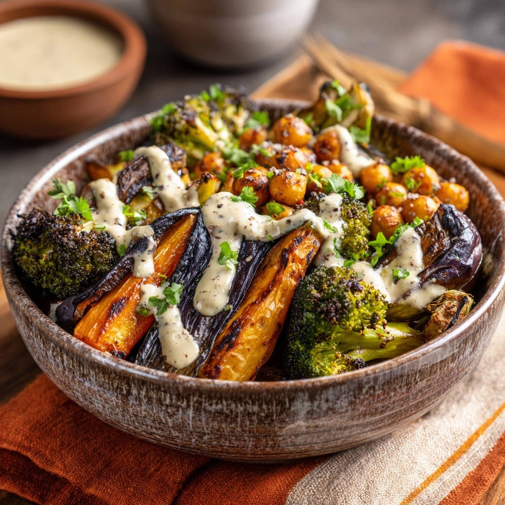 Roasted veggie and chickpea power bowl with a creamy tahini drizzle and fresh parsley garnish.