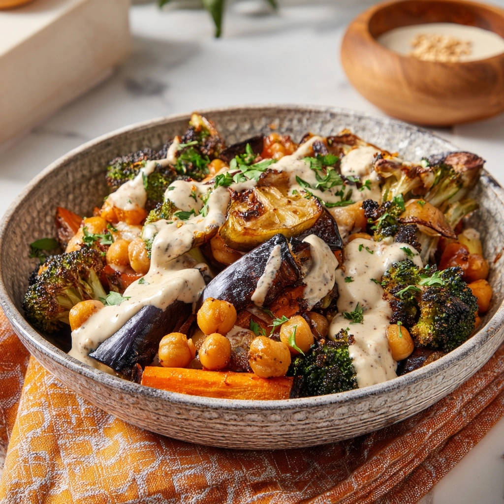 Roasted veggie and chickpea power bowl drizzled with creamy tahini sauce, showcasing broccoli, eggplant, and carrots.