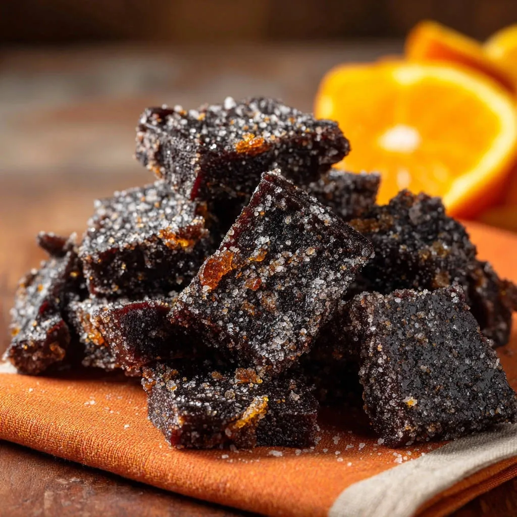 Salty dark fruit chews with a sparkling sugar coating, piled high on an orange napkin.