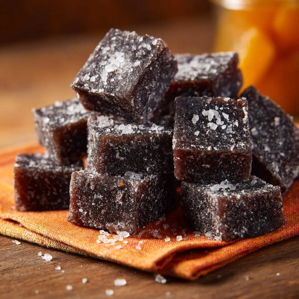 Salty dark fruit chews set firm every time, piled high and sprinkled with coarse salt crystals on an orange napkin.