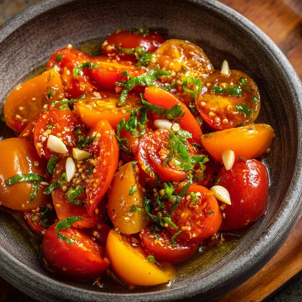 Simple Summer Tomato Salad featuring halved cherry tomatoes with fresh garlic cloves and herbs in a dark bowl.