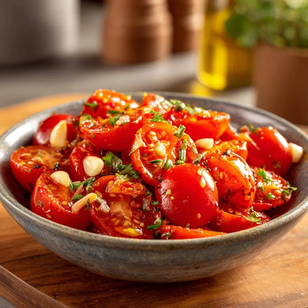 Simple summer tomato salad with garlic and parsley in a rustic bowl, showing the juicy interior of the halved cherry tomatoes.