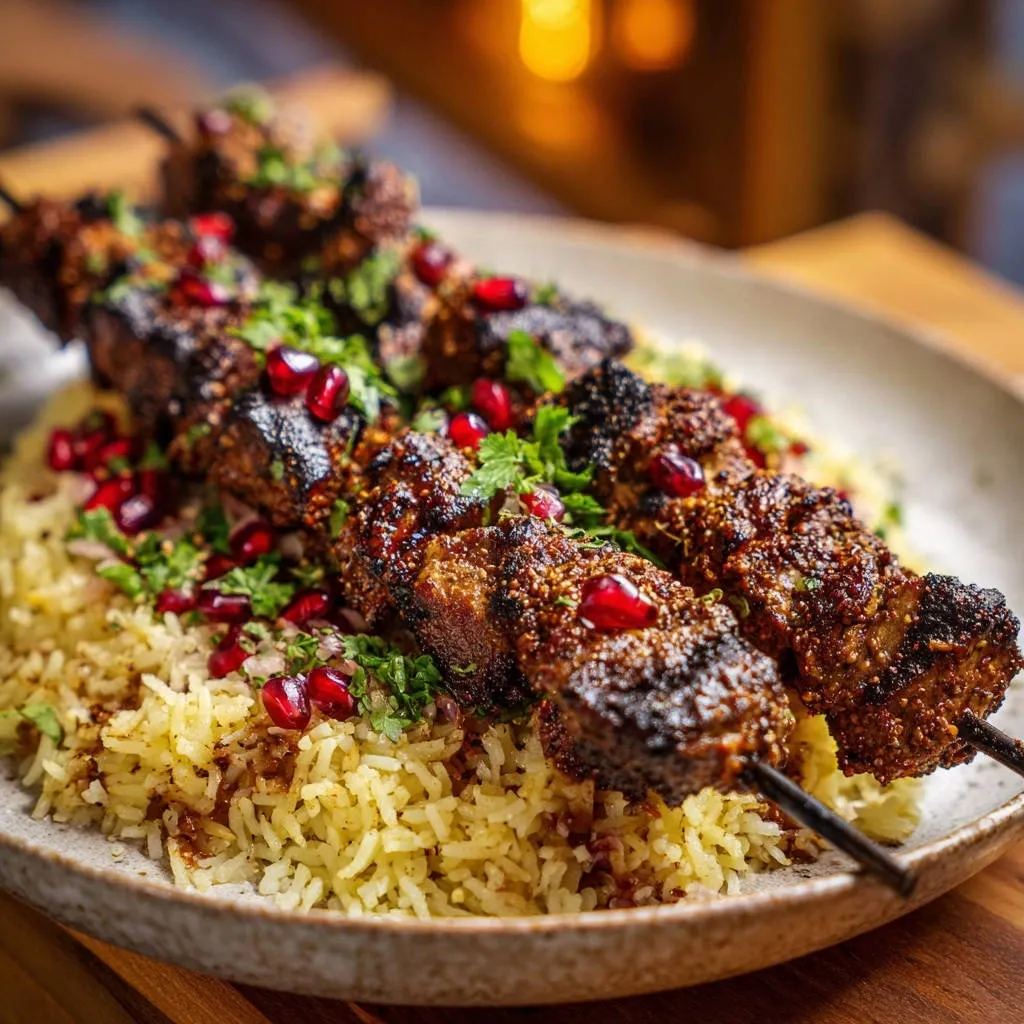 Spiced meat skewers perfectly juicy every time served over fluffy rice and garnished with pomegranate seeds and parsley.