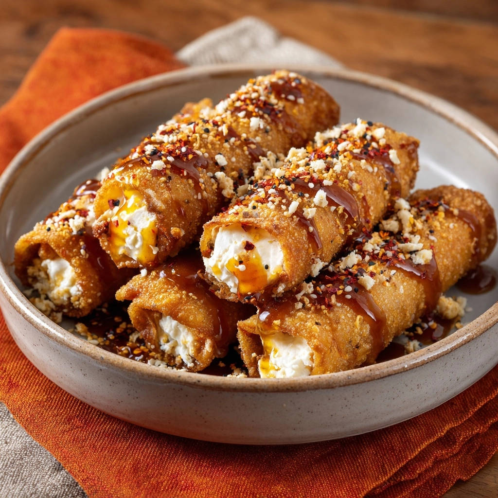 Spicy honey cream cheese rolls shown in a close-up cross-section revealing the creamy filling and crispy exterior.