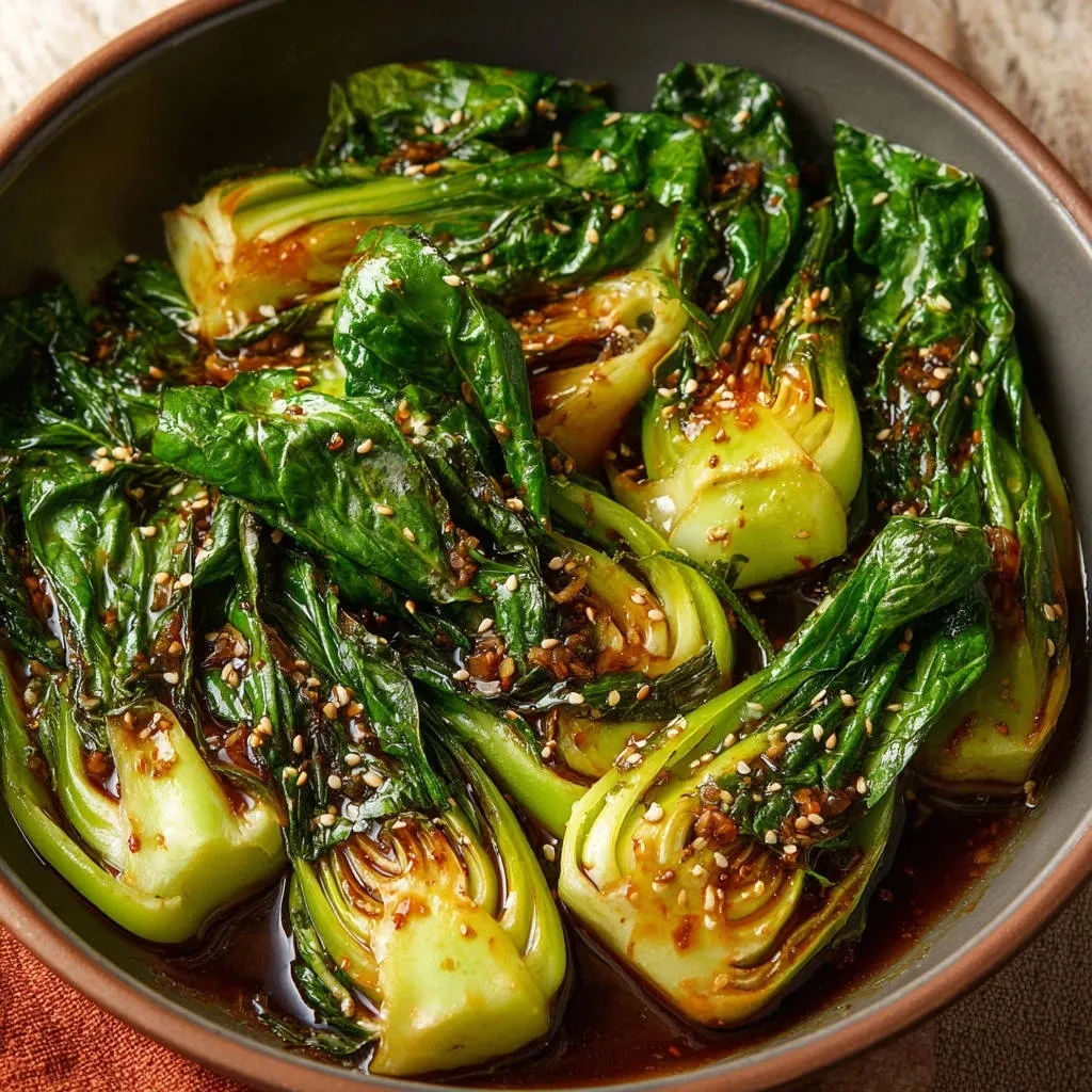 Stir-fried baby bok choy with a glossy glaze and sprinkled sesame seeds in a dark bowl.