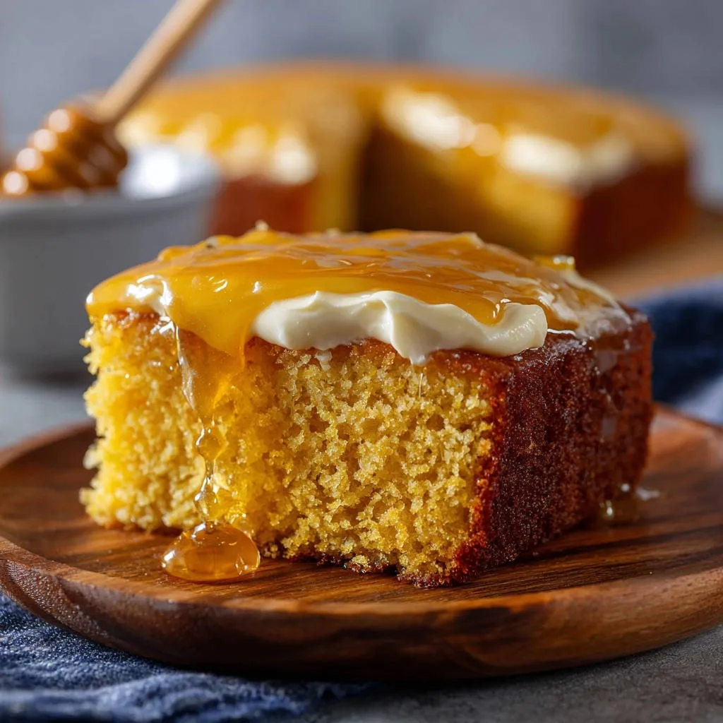 Sweet honey cake slice with cream and golden honey glaze dripping down, presented on a wooden plate.