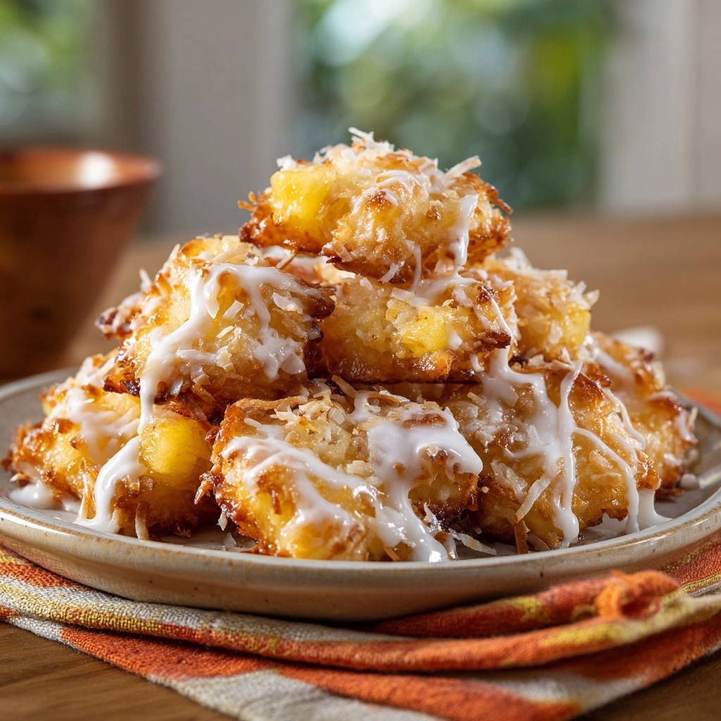 Tropical French Toast Bites drizzled with white glaze and sprinkled with shredded coconut.