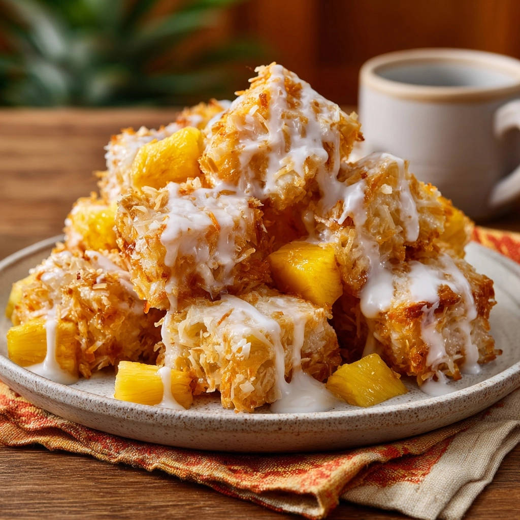 Tropical French toast bites drizzled with white glaze and sprinkled with coconut, served on a plate with pineapple chunks.