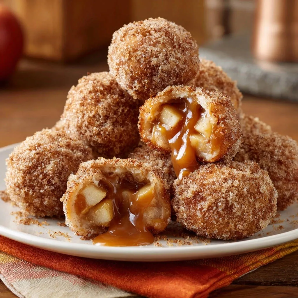 Apple caramel fritter bites cross-section showing gooey caramel filling and diced apples, dusted with cinnamon sugar.