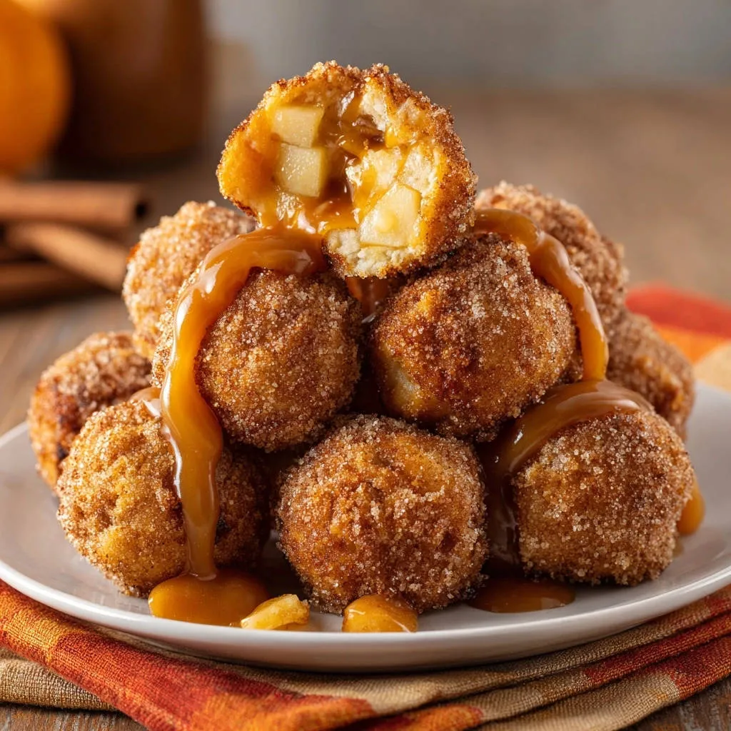 Apple caramel fritter bites cross-section showing filling and drizzled with caramel sauce.