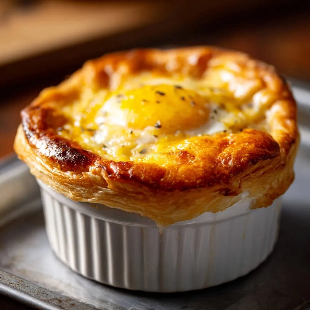 Baked egg and sausage pot with a golden, flaky pastry crust and a visible egg yolk.