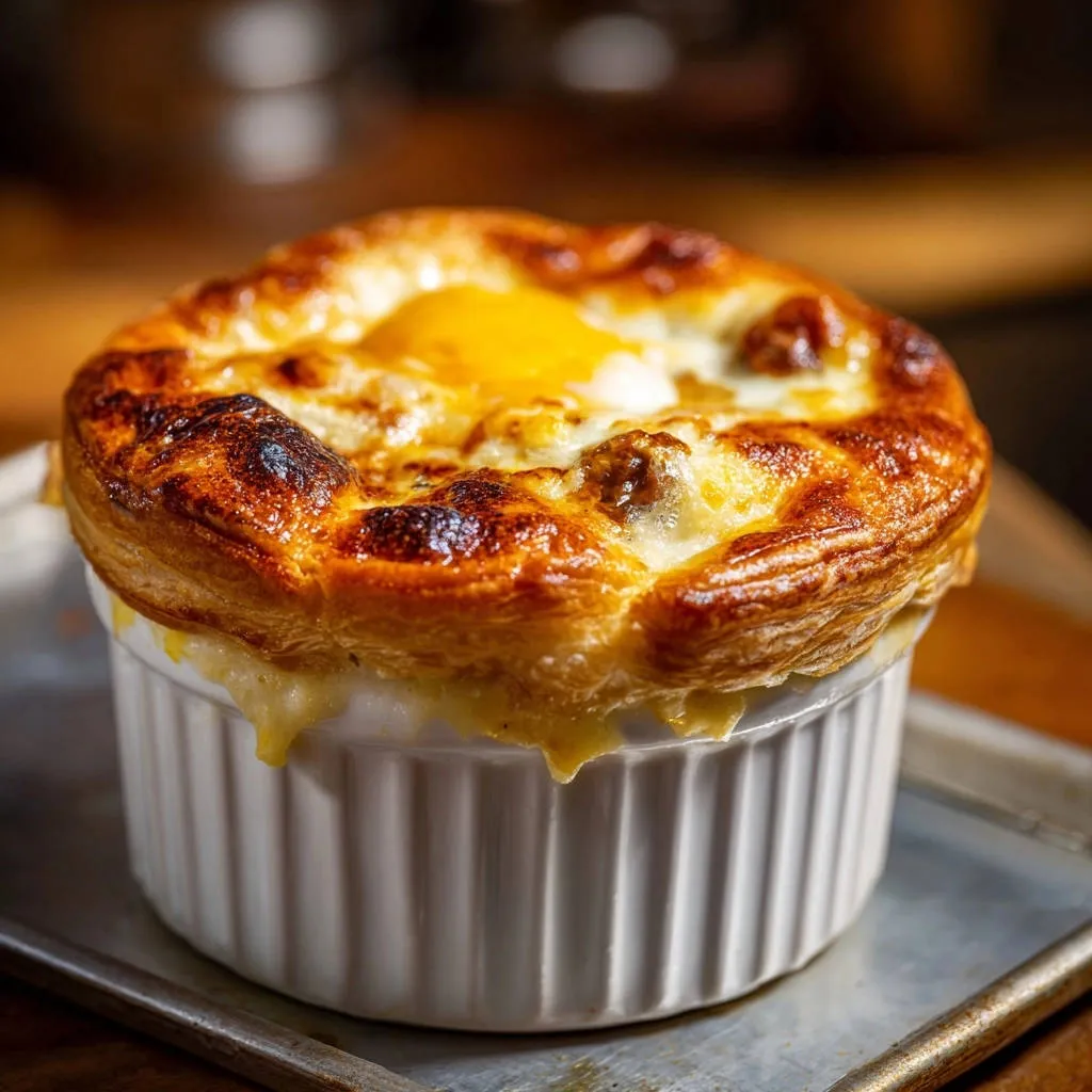 Baked egg and sausage pot with a golden puff pastry topping and a runny egg yolk, served in a white ramekin.