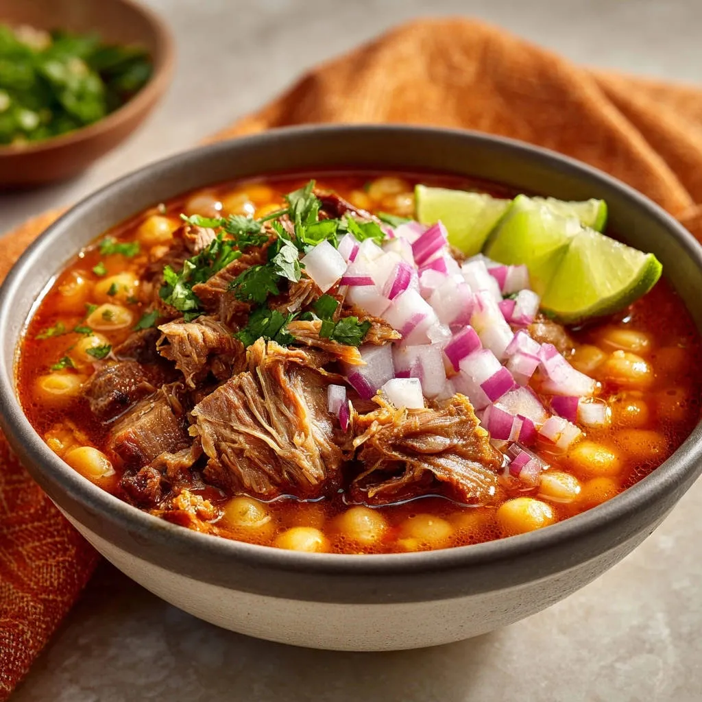 Hearty beef & chickpea stew in a bowl, garnished with red onion, cilantro, and lime wedges.