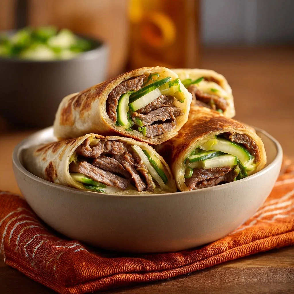 Savory beef and cucumber wraps shown in a cross-section, piled in a bowl with a rustic napkin.