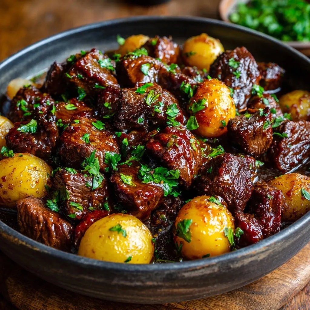 Beef stew with baby potatoes served in a dark bowl, generously garnished with fresh parsley.