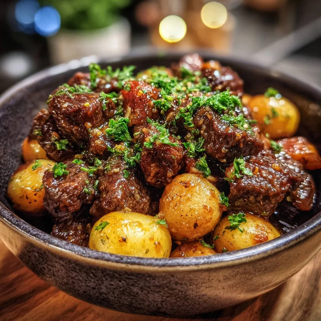 Beef stew with baby potatoes, a close-up view showcasing tender chunks of beef and a fresh parsley garnish.