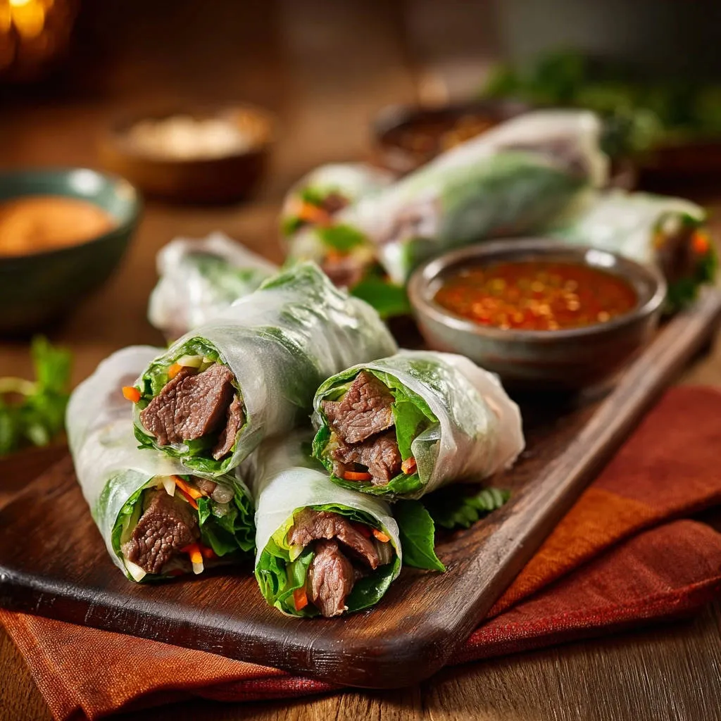 Beef summer rolls with fresh greens and carrots, skewered on a wooden board with dipping sauce.
