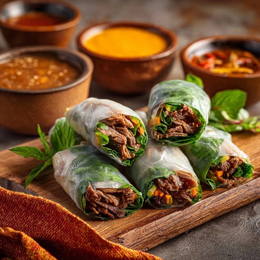 Beef summer rolls with fresh greens and vegetables showcased on a wooden board with dipping sauces.