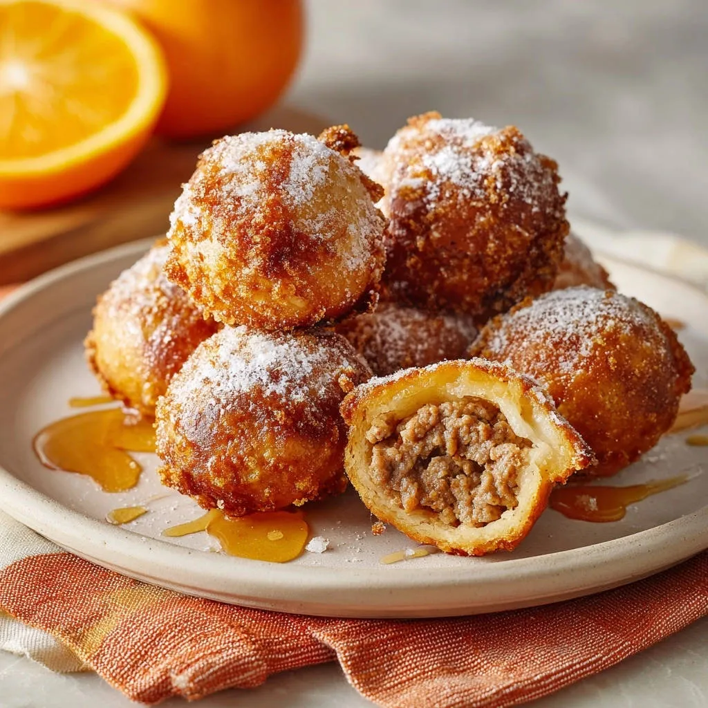 Breakfast sausage fritters shown in a close-up cross-section revealing the savory filling and golden-brown exterior.