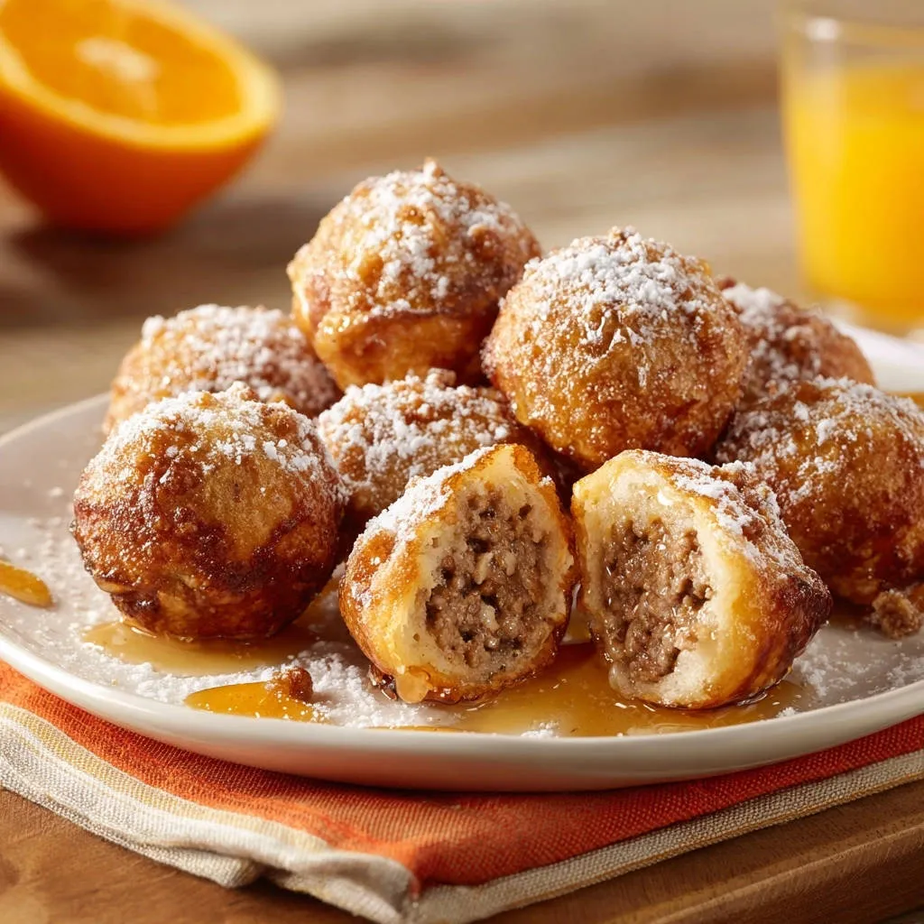 Breakfast sausage fritters shown in a close-up cross-section revealing the savory sausage filling inside a golden-brown coating.