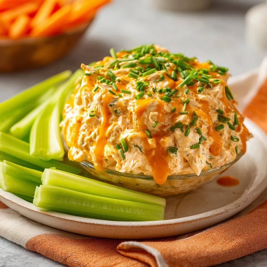 Buffalo chicken dip served in a bowl, garnished with chives and drizzled with sauce, with celery sticks on the side.