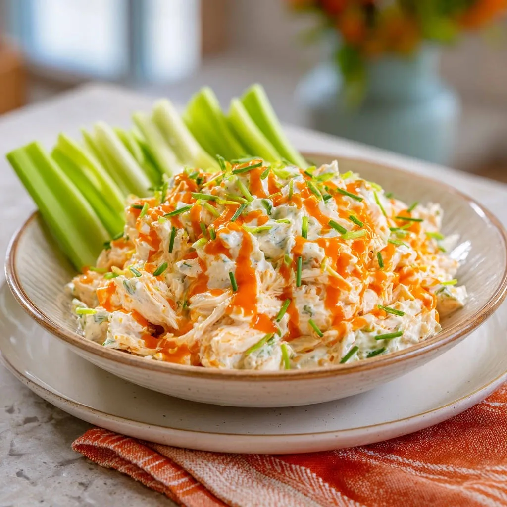 Buffalo chicken dip is served in a bowl with celery sticks and garnished with chives and hot sauce.